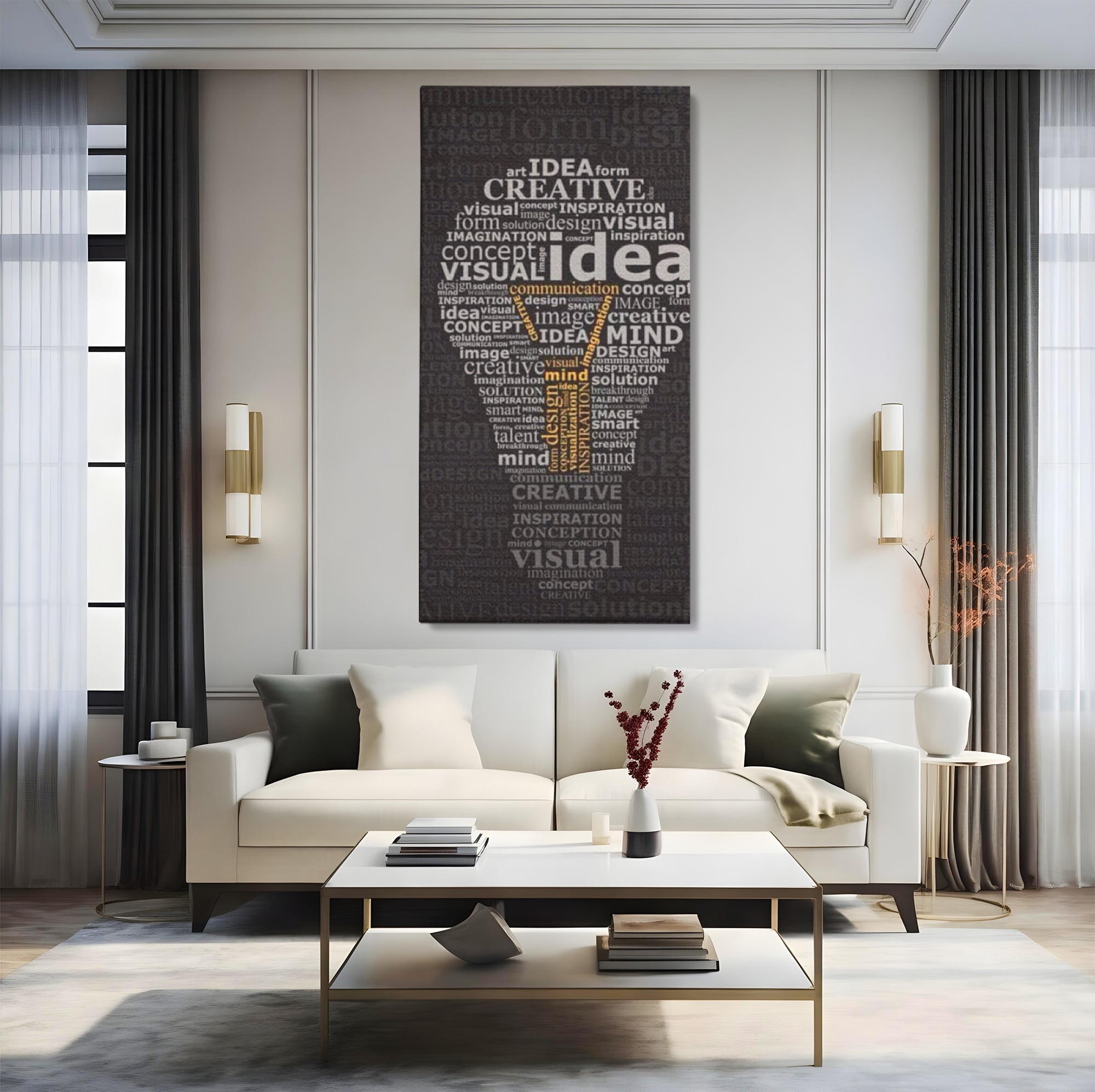 Tablou canvas cu tablou canvas cu silueta de bec formata din cuvinte, fara rama, pe sasiu de lemn, pe perete intr-un living